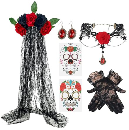 Tag der Toten Kostüm | Tag der Toten Schleier Ohrringe Set | Spitze Handschuhe Schleier Ohrringe Halskette Kostüm Zubehör für Frauen Erwachsene Bühnenauftritt Cosplay Party Halloween