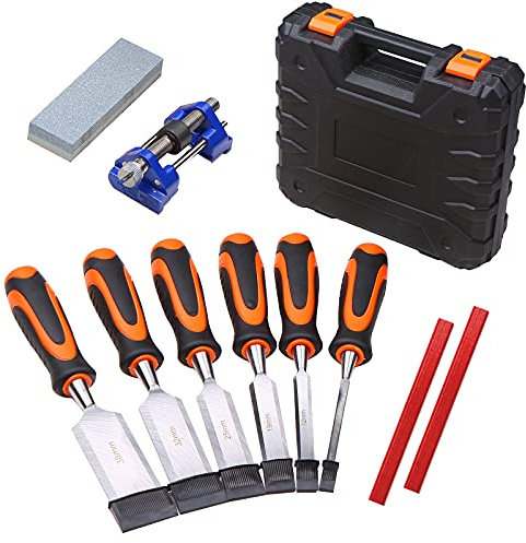 Lot de 10 burins à bois avec 6 burins à sculpter, affûtage, crayons à pierre et étui solide, menuiserie pratique pour les travailleurs du bois