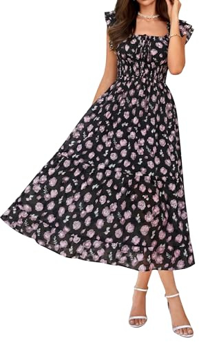 GRACE KARIN Women's Floral Summer Dress, Elegant Ruffle Sleeves Wedding Guest Dress, Elastic Waist A Line Midi Dresses