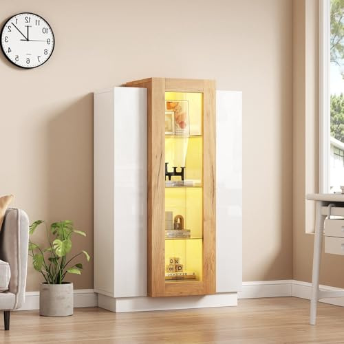 LORISMAI Sideboard,Wohnzimmerschrank mit 3 Türen, transparente Türen, Vitrine Hochglanz mit LED, Bücherschrank mit Glasablagen und Schublade,Standvitrine mit Einer Höhe von 120cm
