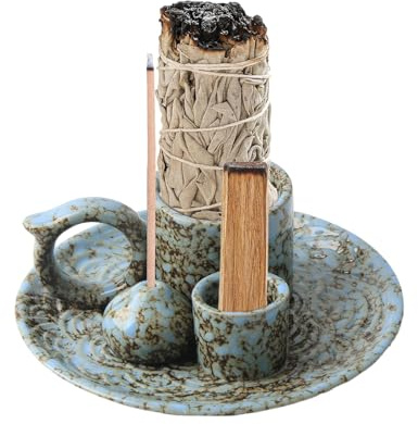 Luckwaii Porte-encens 4 en 1 en céramique multifonction avec poignée, bleu