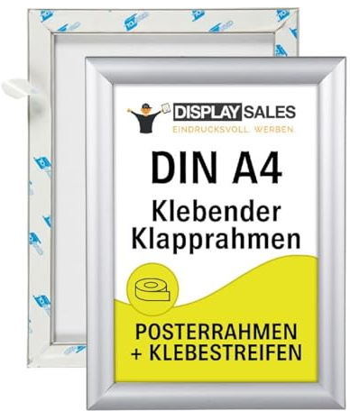 DISPLAY SALES Klapprahmen Aluminium selbstklebend A4 | Rahmen ohne Bohren | Posterrahmen Werberahmen mit Klapptechnik für Werbung, Infos & Poster in schwarz und silber