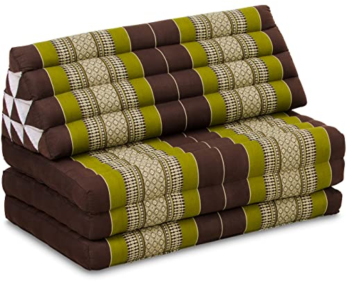 livasia Thai cushion with 3 seat rests for couples - 75x31x3.1″ - XXL, Triangle cushion with folding mattress, Extra wide, kapok, Back support cushion, Thai mat, folding (Brown/Green)