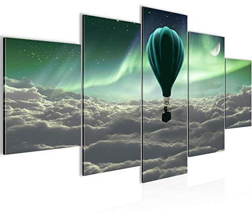 Runa Art - Bilder Polarlicht Heissluftballon 200 x 100 cm 5 Teilig XXL Wanddekoration Design Türkis Grau 608151a