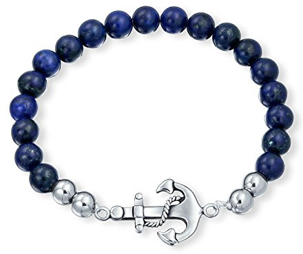 Nautisk båt ankare blå lapis Lazuli strand boll pärla armband för kvinnor silverton rostfritt stål