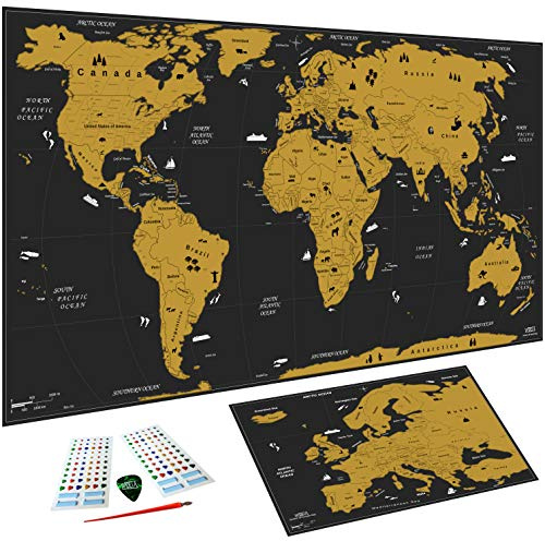Carte du monde à gratter XXL (82 x 43 cm), Inclus carte d' Europe et accessoires de grattage, par WIDETA