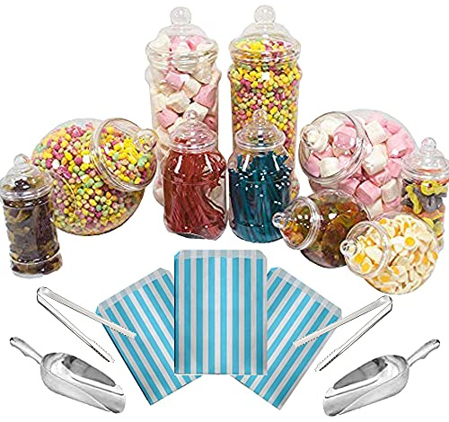 10 Mixed Jar Retro Pick & Mix Victorian Sweet Shop Candy Buffet Kit Party Pack with Scoops, Tongs & Bags - Light Blue Stripe Bags