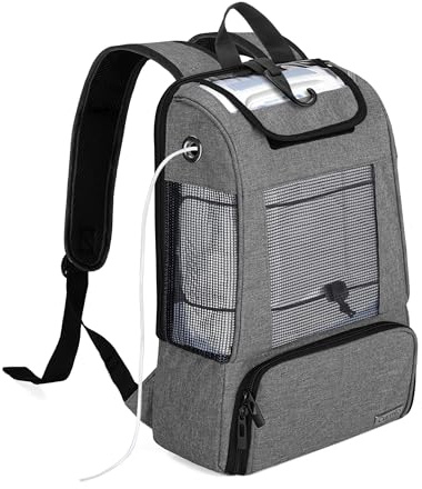 CURMIO Rucksack für Sauerstoffgerät, Sauerstoffkonzentrator Tasche, Grau | Reisetasche für Tragbare Sauerstoffkonzentratoren, Atmungsaktives Mesh, Zubehörtasche, Kompatibel mit Inogen/ Oxygo/ Caire
