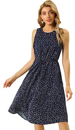 Allegra K Damen Ärmellos Rundhals Cut Out Bindegürtel Blumen Midikleid Sommer Kleid Dunkelblau L