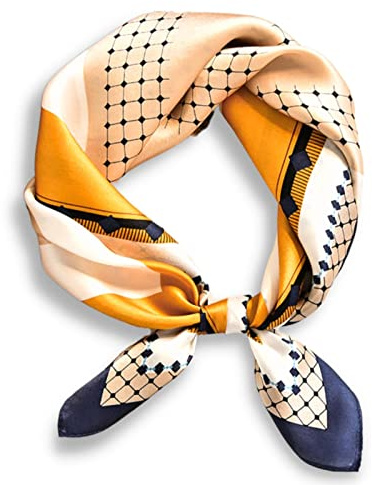 PoeticEHome 100% Real Mulberry Silk Women Small Square Neck Scarfs 21 Lightweight Neckerchief Printed Headscarf Gift Packed (H - Blue Yellow Printed)