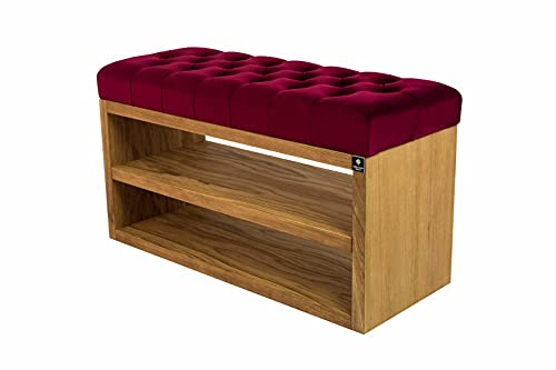 EMRA WOOD M-DEKO LPS-5 Polsterbank Schuhbank Chesterfield Gesteppt mit Ablage Bezug aus Velours Weinrot Gestell aus Holz Nach Maß (Höhe 55cm Tiefe 30cm, 100)