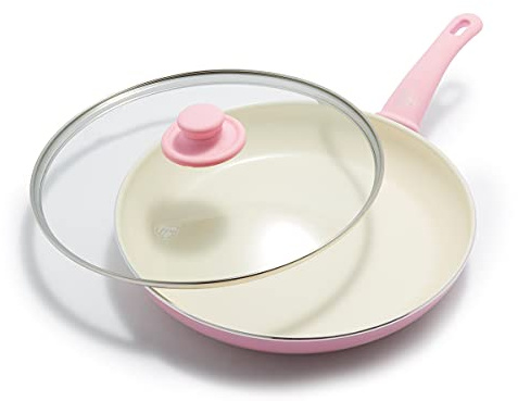 GreenLife Soft Grip Healthy Ceramic Nonstick, 12 Frying Pan Skillet with Lid, PFAS-Free, Dishwasher Safe, Pink