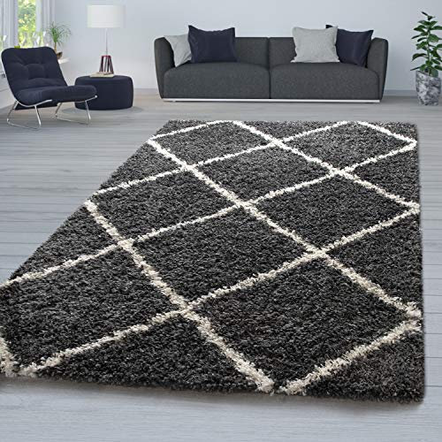 TT Home Wohnzimmer Hochflor Teppich Shaggy Modernes Rauten Design In Skandi Optik, Farbe: Anthrazit, Größe:240x340 cm