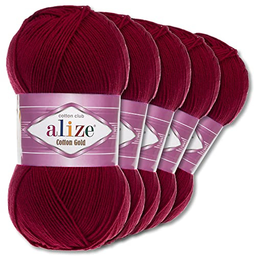 Wohnkult Alize 5 x 100 g Cotton Gold Premium Wolle| 39 Farben Sommerwolle Garn Stricken Amigurumi (57 | Bordeaux)