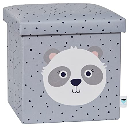 Love IT Store IT Sitzhocker mit Stauraum - Spielzeugkiste aus Stoff - Verstärkt mit Holz - Belastbar bis 150 kg - Grau mit Panda - 35x35x35 cm
