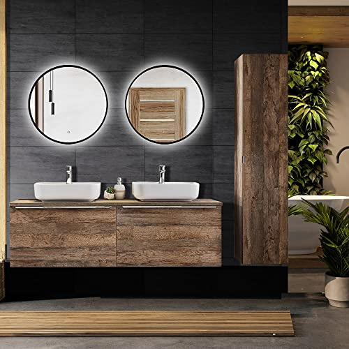 Lomadox Badmöbel Set Vintage Oak Eiche Nb, 2 Keramik-Waschtische, 160cm Unterschrank, 2 LED-Spiegel mit Touch-Funktion, Hochschrank
