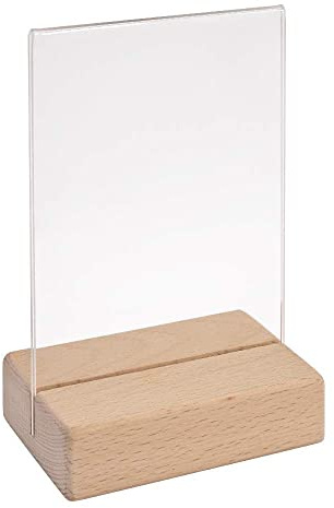 Tischkartenhalter DIN A6 Hoch mit Fuß aus Buchenholz und Acryltasche | 2-teilig, Buchenholz EU unbehandelt, Acrylglas glasklar / Made in Germany / Einfacher Blattwechsel / sicherer Stand / Zeigis