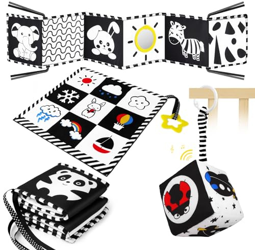 Aolso Libros de Tela en Blanco y Negro, Libros Blandos para Bebés con Mordedor, Juguetes Sensoriales de Alto Contraste, Libros de Tela Suave para bebés, Juguetes Sensoriales Montessori