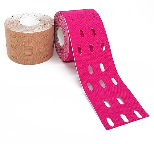 2 Rollen Kinesiotapes - Perforiertes Design Kinesiologie Tape wir eine Stärkere Atmungsaktivität Sporttape Profi Physio Tape Wasserfestes Elastisches Selbstklebende Bandage 5cm x 5m Rot + Hautfarben