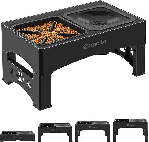 Ormalla Erhöhter Hundenäpf mit Auslaufsicher Wassernapf, Hundenapf Erhöht für Große, Mittelgroße und Kleine Hunde, Höhenverstellbar Rutschfester Hundenapfständer mit Slow Feeder - Schwarz