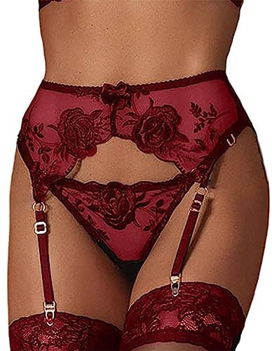 NewBull Women's Lace Garter Belts Set Suspenders Stockings Holder Fastener Mesh Underwear Thigh Garter with Adjustable Straps and 4 Metal Clips for Thigh High (G-String Included) (Red)