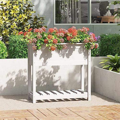 Higsose Jardinière avec Etagère Blanc 82,5x34,5x81cm Bois Massif de Pin Jardiniere Treillis Jardiniere Balcon Jardiniere Exterieur Jardiniere Rectangulaire Jardiniere Bois Jardiniere Haute