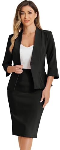 Allegra K Set Completo da Lavoro per Donna, 2 Pezzi, con Blazer Senza Collo e Gonna a Matita, Nero , M