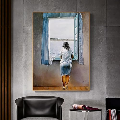 Chica en la ventana pintura lienzo impresión cartel Salvador Dali arte de la pared mujer mar azul imagen para la sala de estar decoración del hogar 20x30 cm sin marco