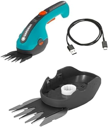 Gardena Akku-Grasschere ClassicCut Li: Rasenkantenschere mit 8 cm Schnittbreite, Komforthandgriff mit LED-Ladezustandsanzeige, Messerwechsel ohne Werkzeug (9884-20) + Gras- und Buchsmesser