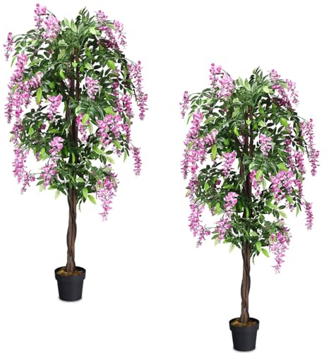TANGZON 150CM/180CM Artificial Wistera Tree, Fake Ficus Tree with Flowers, 840/1260 Leaves & Cement Pot, Indoor Outdoor Decorative Faux Plant for Home Office Garden (2, Green+Rosy, 180CM/6FT)