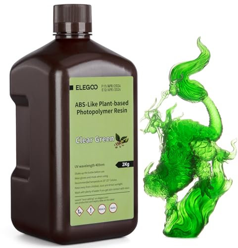 ELEGOO ABS-Like 3D Drucker Resin auf Pflanzlicher Basis mit Geringem Geruch und Hoher Präzision, 405 nm UV Photopolymerharz, Schnelle Aushärtung Harz für Resin 3D Drucker Transparentes Grün 2000g
