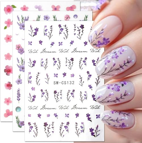 6 Blätter Rosa Lila Blume Nagelsticker Selbstklebend,Kirsche Blüte Blütenblatt Nageldesign Nail Sticker Frühling Sommer Schmetterling Blumen Nagelaufkleber Gänseblümchen Blatt Nagel Sticker Nail Art