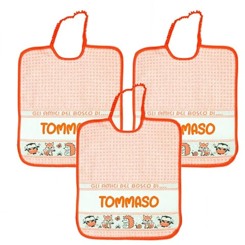 Bubabù 3 baberos personalizados con nombre Bosco, esponja con elástico, 28 x 33 cm – Algodón 100% Made in Italy, naranja., 28x33 cm