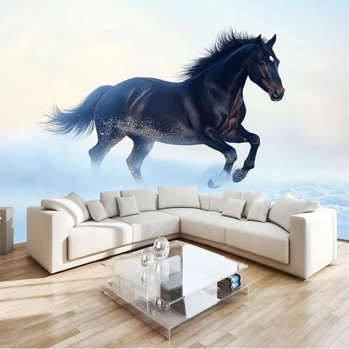 Fototapete 3D Vliestapete mit Dunkles Pferd Im Schnee Weiß Blau 300x210cm XXL Panorama Wandbild für Mädchen & Jungs Schlafzimmer | Wanddekoration mit 3D Effekt