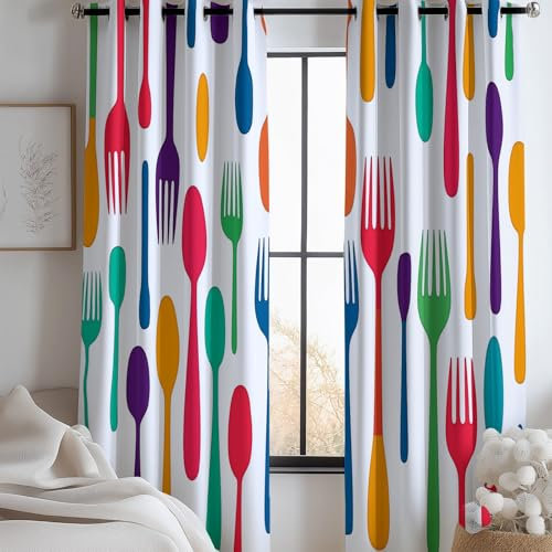 Blickdichte Gardinen Cartoon Besteck Messer Und Gabel Muster, Verdunkelungsvorhänge Mit Ösen Weiß für Schlafzimmer Wohnzimmer, Thermo vorhänge H 215 x B 91.5 cm (2er Pack)