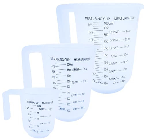 Measuring Jugs Set of 3 – 1L, 500ml & 250ml – Kitchen Measuring Jug for Cooking & Baking – Clear Measurement in Millilitres, Pints & Ounces – Stackable & Easy-Pour Design