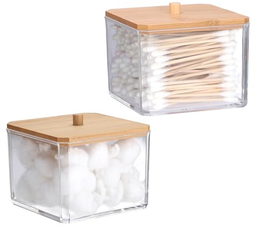 SUMTree 2 PCS Square Qtip Cotton Ball Holder Qtip Dispenser with Bamboo Lid | Acrylic Floss Swab Dispenser, Bathroom Jar Canister for Cotton Ball Swabs Pads for Bathroom, Bedroom, Dressing Table, Kitchen