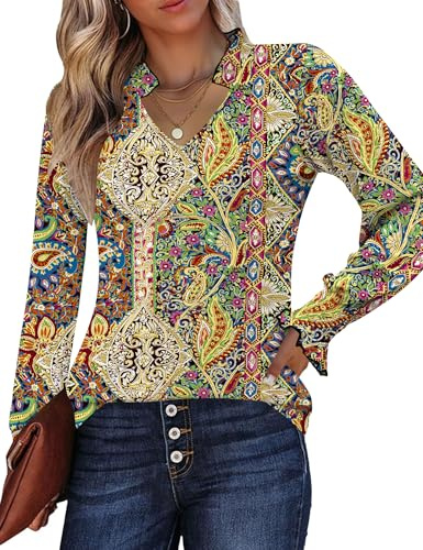 Kistore Puff V Neck Long Sleeve Womens Blouses Fall Tops Ruffle Cuffs Dressy Casual Business T-Shirt Multicolor Floral M