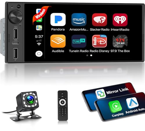 Autoradio 1 DIN con Wireless CarPlay & Android Auto, Stereo Auto Touchscreen HD 6 Pollici, Bluetooth 5.2, Radio FM, Doppia USB & Type-C, Uscita Video, Telecamera Posteriore Inclusa
