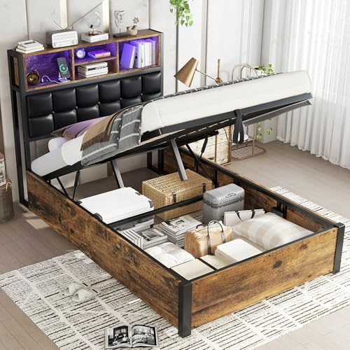 3FT Single Ottoman Bed Frame with Storage Shelf Upholstered Headboard, Heavy Duty Functional Lift Up Metal Storage Bed with LED Lighting & Charging Station, Wooden Slats Support Mattress Foundation