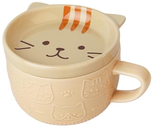 Taza de café con forma de gato, taza de café de cerámica con dibujos animados Kawaii de 320ml con tapa, divertidas y novedosas tazas de desayuno para gatos, regalos para mujeres, amigos y niños