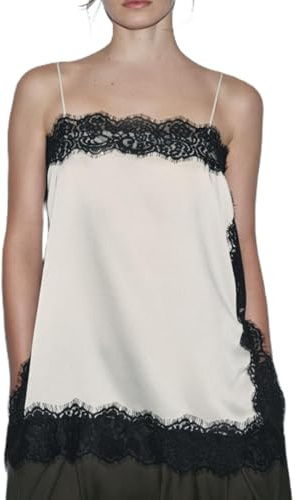 Acrawnni Women Y2k Satin Lace Trim Satin Camisole Tank Tops V Neck Sleeveless Spaghetti Strap Blouses Streetwear (E-Apricot, L)