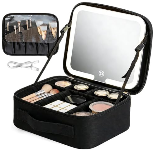 Kosmetiktasche mit LED - Beleuchtung Licht,7 Staufächer Reise-Kosmetikkoffer,3-in-1 Kosmetikkoffer Tasche Damen,Verstellbare Trennwand Schminkkoffer,für Reise,Waschtasche,Waschbeutel (Schwarz)