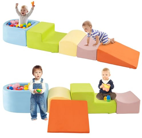 GOPLUS Bloques de Escalada de Espuma con Piscina de Pelotas, 5 Juguetes y Bloques de Escalada con Funda de Tela Suede, Espuma de Alta Densidad, Actividad de Juego Blando para Trepar (Multicolor)