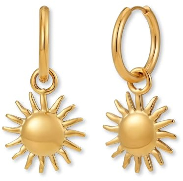 Guldfärgade creoler med hänge | Hängande örhängen med sol i 316L rostfritt stål pläterade med 18K guld | Vattentåliga damörhängen (16 mm)