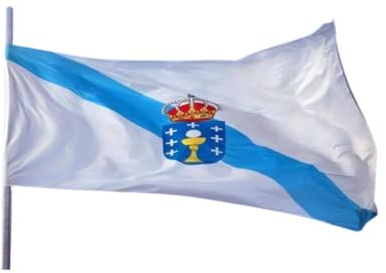 Bandera de Galicia 100x70 cm con Escudo Oficial – Bandera Gallega con Ojales Metálicos – Tela Resistente para Exterior e Interior