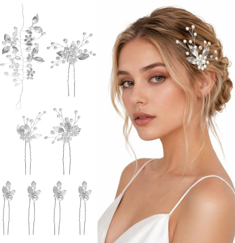 8 Pièces Épingle À Cheveux De Marriage,Barrette Cheveux Fleur Perle Pince Feuille D'or,Mariée Coiffure De Mariage Perle Épinglettes De Cheveux,Or Broches À Cheveux Florales,Pour Femmes Et Filles