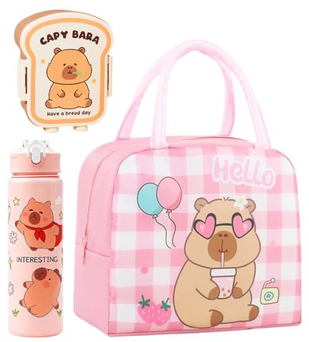 JOAASU Capybara Insulated Lunch Bag Set, Capybara Lunch Bag with 800ml Bento Box and 750ml Leak-Proof Water Bottle for Children, Cute Cartoon Animal Lunchbox Set for School, Picnic, Travel
