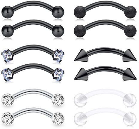 Mayhoop 12Pièces 16G Piercing Sourcil Rook Acier Chirurgical Noir Zircon Boule Anneau Sourcil Lèvre Helix Barre Courbe Bananas Piercing Arcade Courbé Bijoux de Piercing 10mm