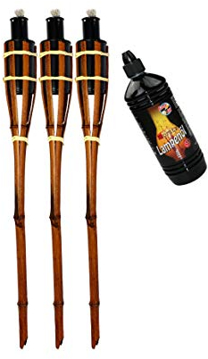 Moritz 3X Bambusfackeln Fackel 90 cm Dunkelbraun + 1x 1000ml Lampenöl Gartenfackel Ölfackeln Garten Deko Öllampe Wegleuchte